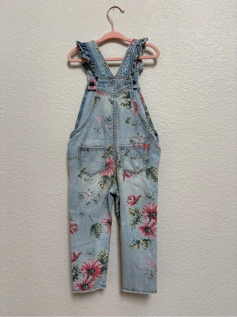 GAP Toddler Girls Floral Print Light Blue Denim Overalls 100% Cotton 3T